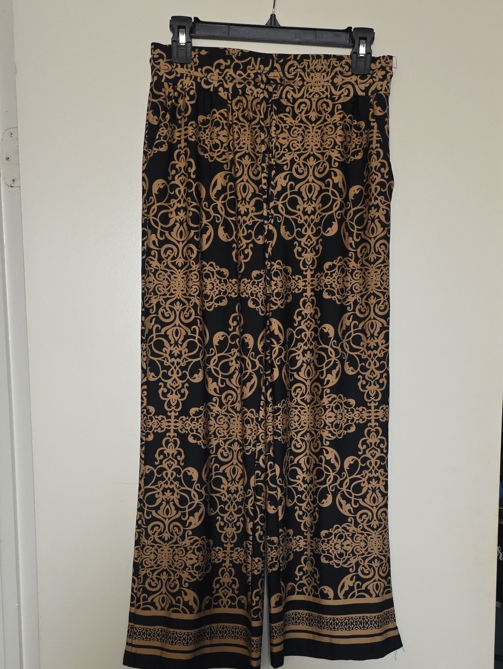 Black and Tan Patterned Palazzo Pant Women's Elegant Print. Drawstring Waist.